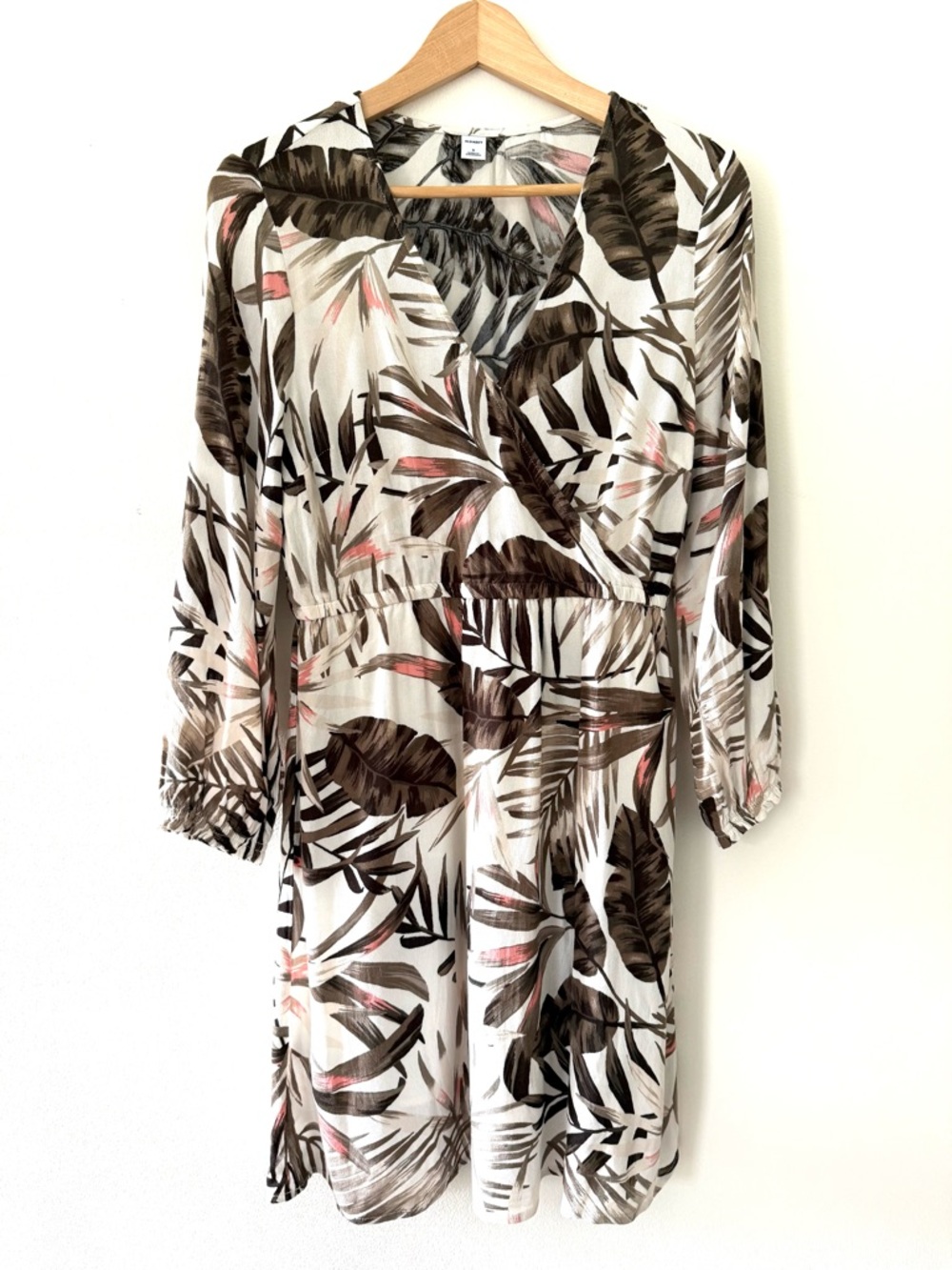 Old Navy Tropical Palm Leaf Faux Wrap Waist-Defined Crepe Dress Size S Vacation